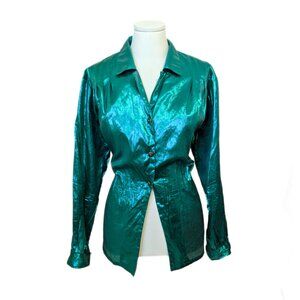 Vintage 80s JUMP Iridescent Green Blouse Spring Party Rave Fairy Long Sleeve L